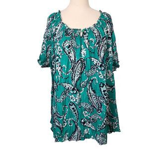 Croft & Barrow Shirt Top Women Size 3X Paisley Short Sleeve Crinkle Lightweight